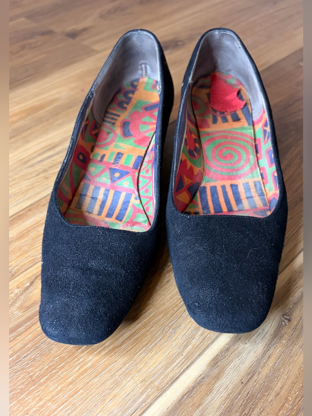 Vintage 1990s Black Suede Square Toe Pumps Low Heel 90s Minimalist Shoes